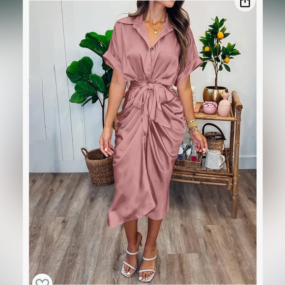 Amazon Button Down Ruched Short Sleeve Pink Shirt Dress, NWOT - Picture 3 of 6